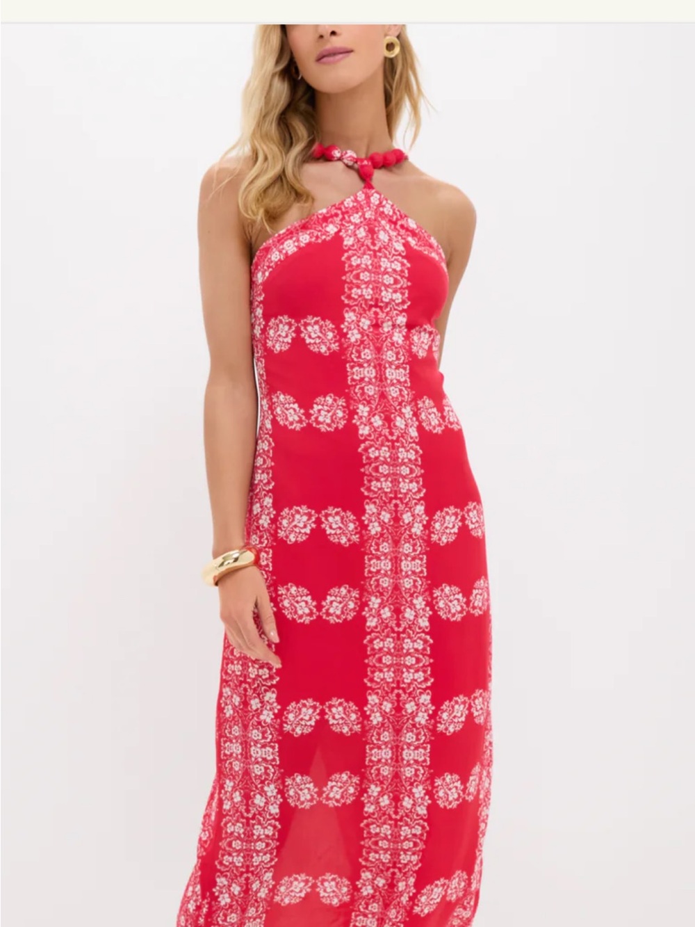 Red Halter Maxi Dress with White Pattern